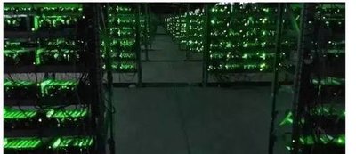 A bustling cryptocurrency mining farm filled with machines
