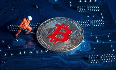 A sprawling view of a crypto mining farm, showcasing rows of mining rigs, cooling systems, and security infrastructure.